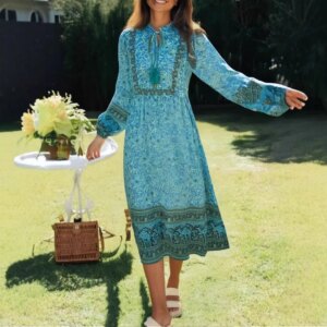 Happie Queens Women Green Floral Print Beach Long Bohemian Dresses Robe Ladies Summer Rayon Cotton Midi Dress Vestidos