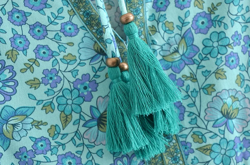 Happie Queens Women Green Floral Print Beach Long Bohemian Dresses Robe Ladies Summer Rayon Cotton Midi Dress Vestidos