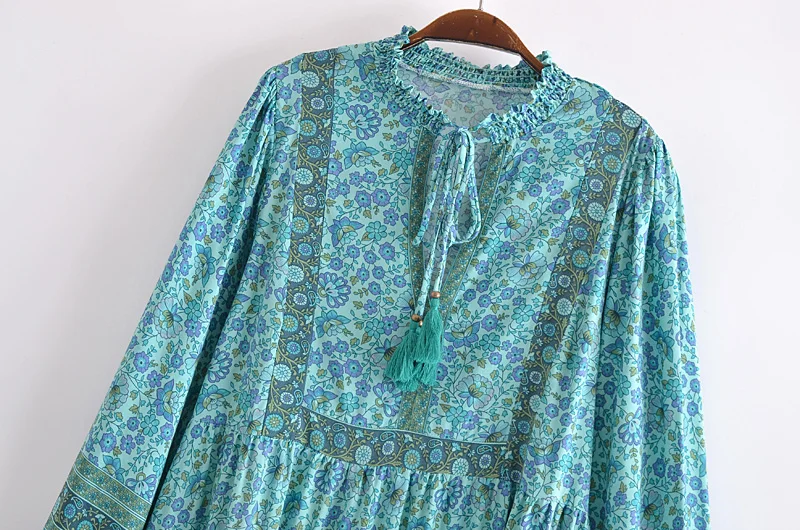 Happie Queens Women Green Floral Print Beach Long Bohemian Dresses Robe Ladies Summer Rayon Cotton Midi Dress Vestidos