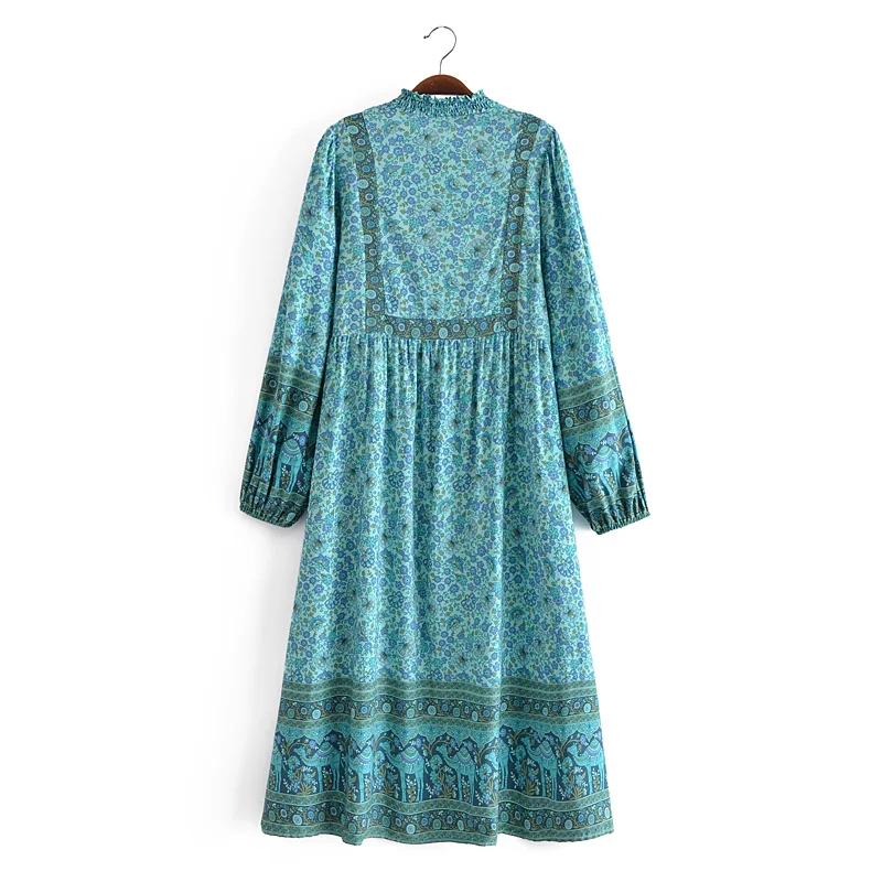 Happie Queens Women Green Floral Print Beach Long Bohemian Dresses Robe Ladies Summer Rayon Cotton Midi Dress Vestidos