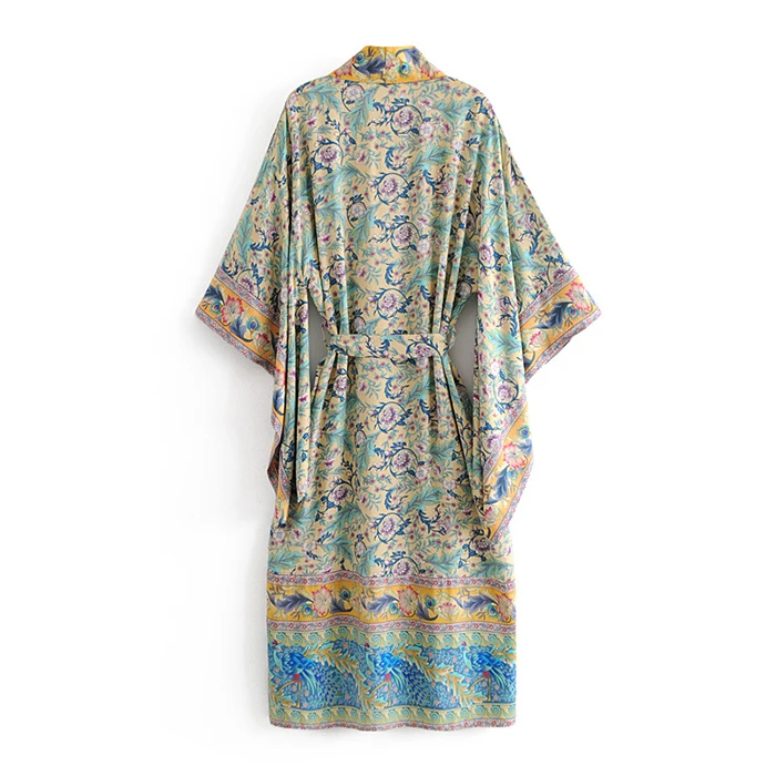 AYUALIN women boho Wrapped dresses rayon floral print kimono sleeve beach wear summer dresses loose long women dresses Vestido