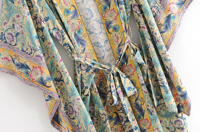 AYUALIN women boho Wrapped dresses rayon floral print kimono sleeve beach wear summer dresses loose long women dresses Vestido