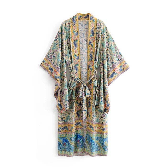 AYUALIN women boho Wrapped dresses rayon floral print kimono sleeve beach wear summer dresses loose long women dresses Vestido