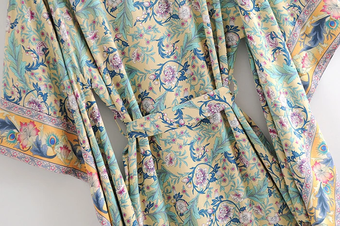 AYUALIN women boho Wrapped dresses rayon floral print kimono sleeve beach wear summer dresses loose long women dresses Vestido