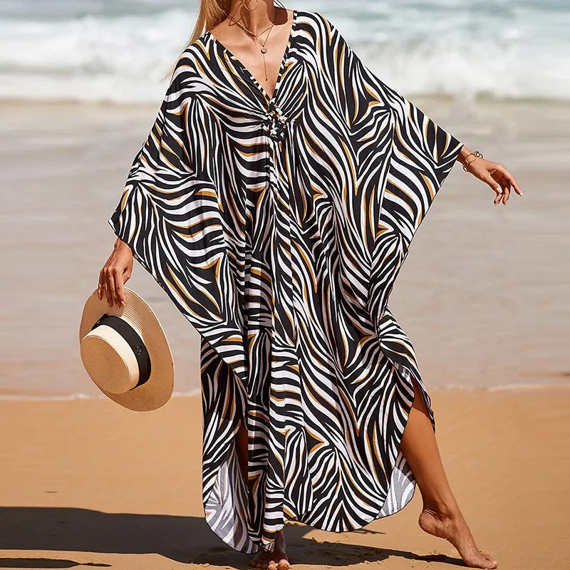 Boho Sexy Women's Dress Apring Summer Fashion Cotton Printed Beach Cover Up Vacation Casual Bikini Proof Loose Dresses For Women