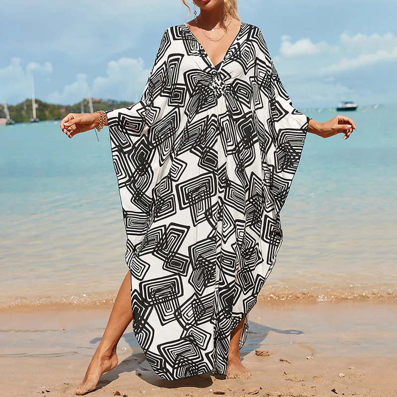 Boho Sexy Women's Dress Apring Summer Fashion Cotton Printed Beach Cover Up Vacation Casual Bikini Proof Loose Dresses For Women