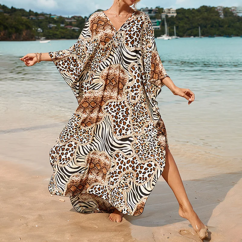 Boho Sexy Women's Dress Apring Summer Fashion Cotton Printed Beach Cover Up Vacation Casual Bikini Proof Loose Dresses For Women