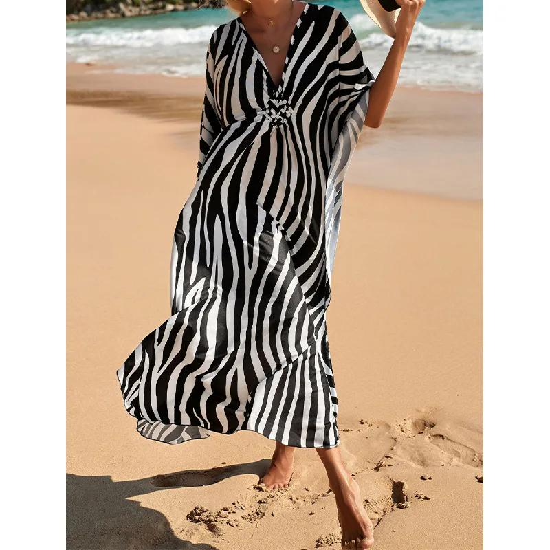 Boho Sexy Women's Dress Apring Summer Fashion Cotton Printed Beach Cover Up Vacation Casual Bikini Proof Loose Dresses For Women