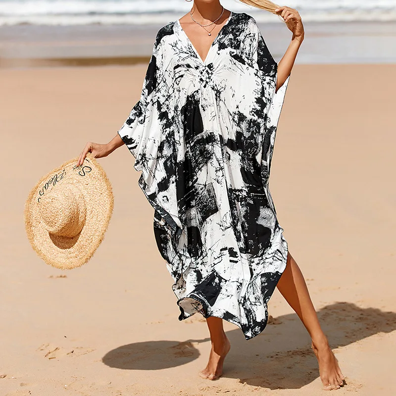 Boho Sexy Women's Dress Apring Summer Fashion Cotton Printed Beach Cover Up Vacation Casual Bikini Proof Loose Dresses For Women