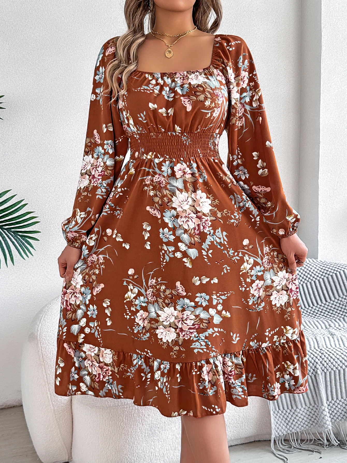 Floral Print Midi Dress Long Sleeve Square Neck with Cinched Waist & Ruffle Trim - A-Line Casual Vacation Dress for Spring Autum