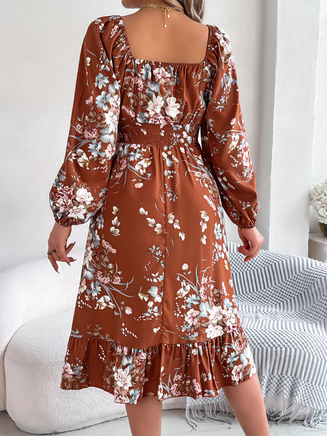 Floral Print Midi Dress Long Sleeve Square Neck with Cinched Waist & Ruffle Trim - A-Line Casual Vacation Dress for Spring Autum