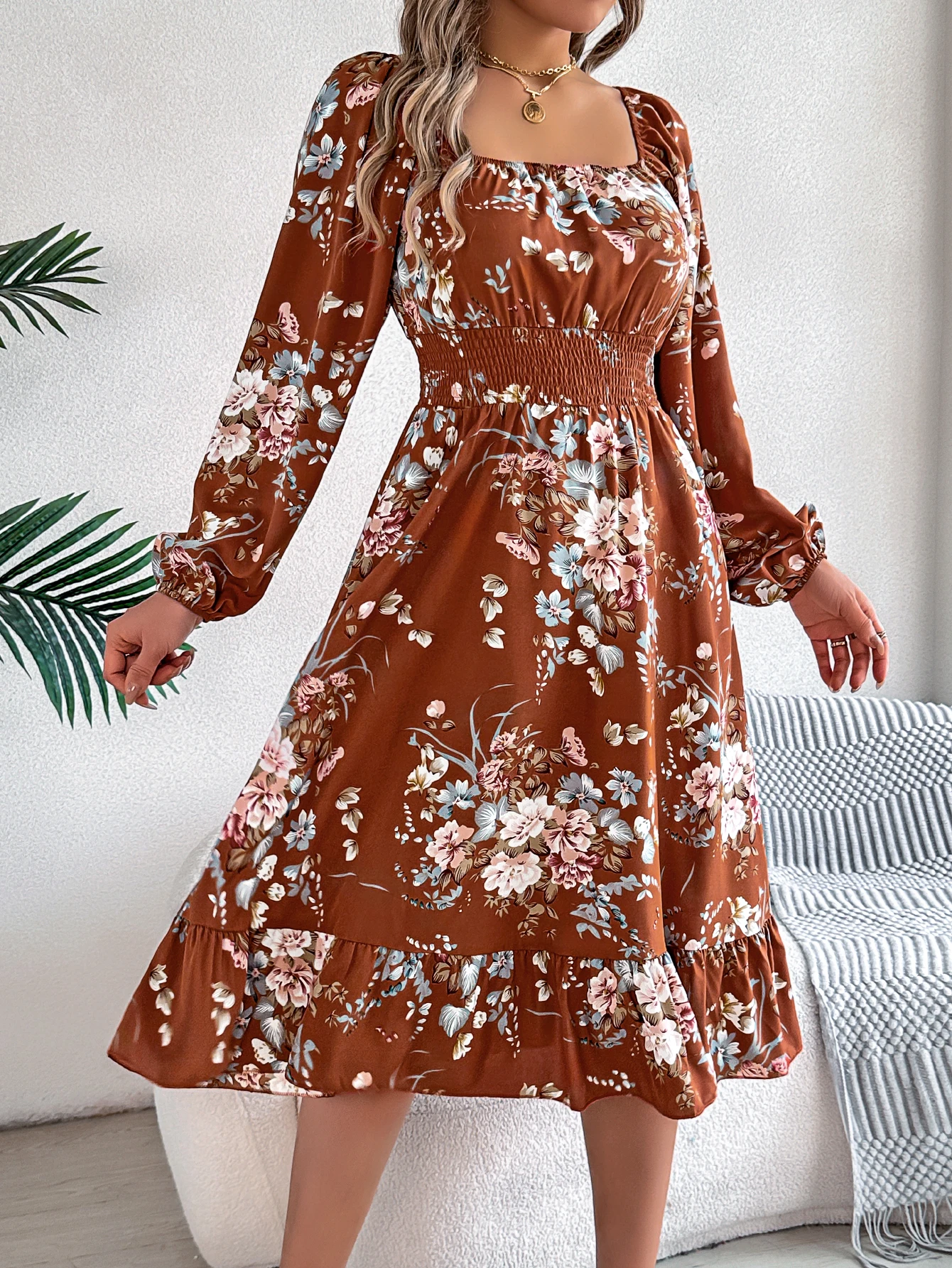 Floral Print Midi Dress Long Sleeve Square Neck with Cinched Waist & Ruffle Trim - A-Line Casual Vacation Dress for Spring Autum
