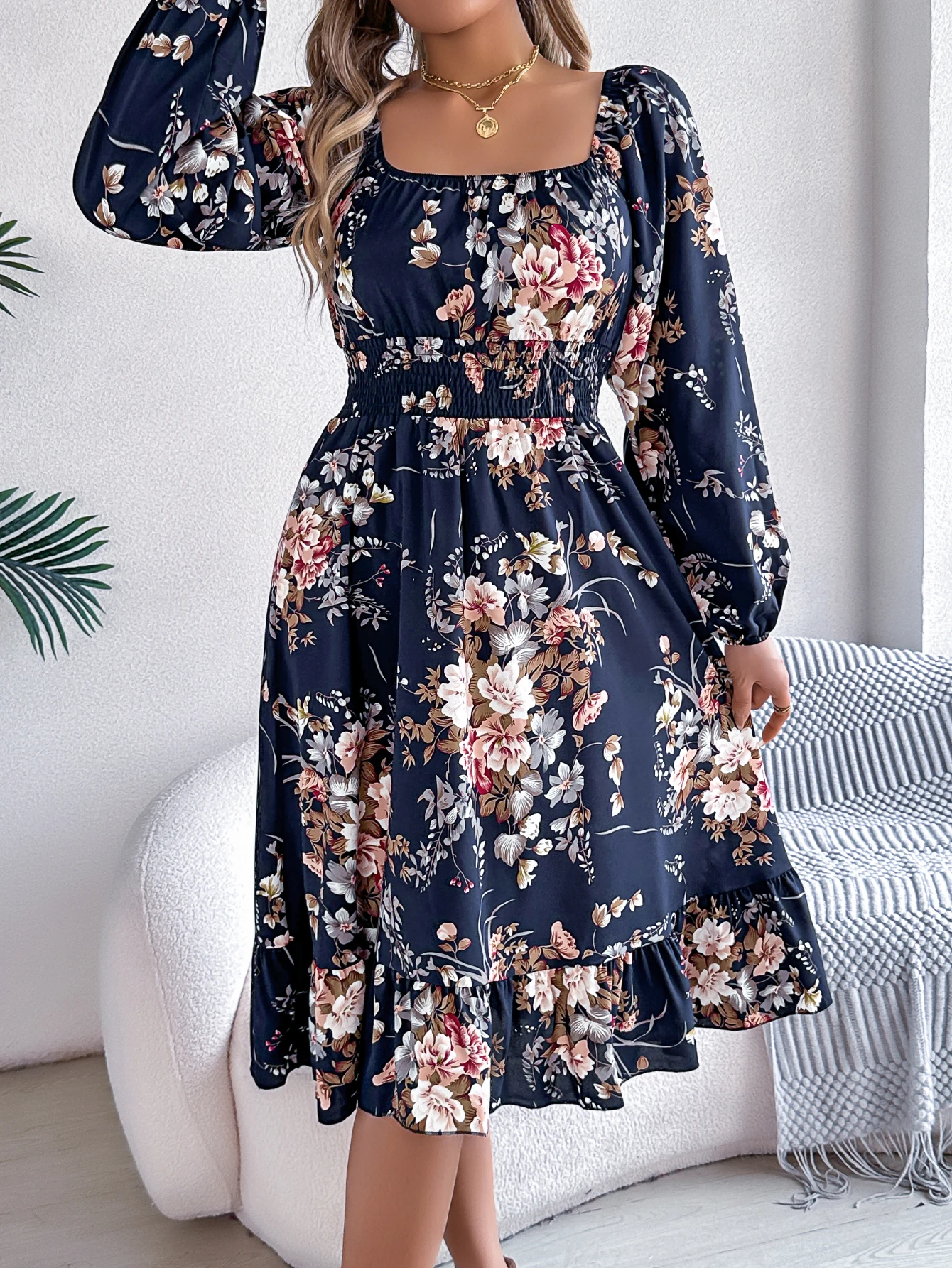 Floral Print Midi Dress Long Sleeve Square Neck with Cinched Waist & Ruffle Trim - A-Line Casual Vacation Dress for Spring Autum