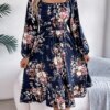 Floral Print Midi Dress Long Sleeve Square Neck with Cinched Waist & Ruffle Trim - A-Line Casual Vacation Dress for Spring Autum