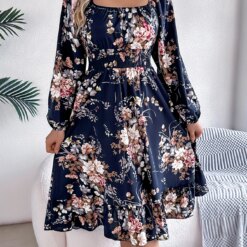 Floral Print Midi Dress Long Sleeve Square Neck with Cinched Waist