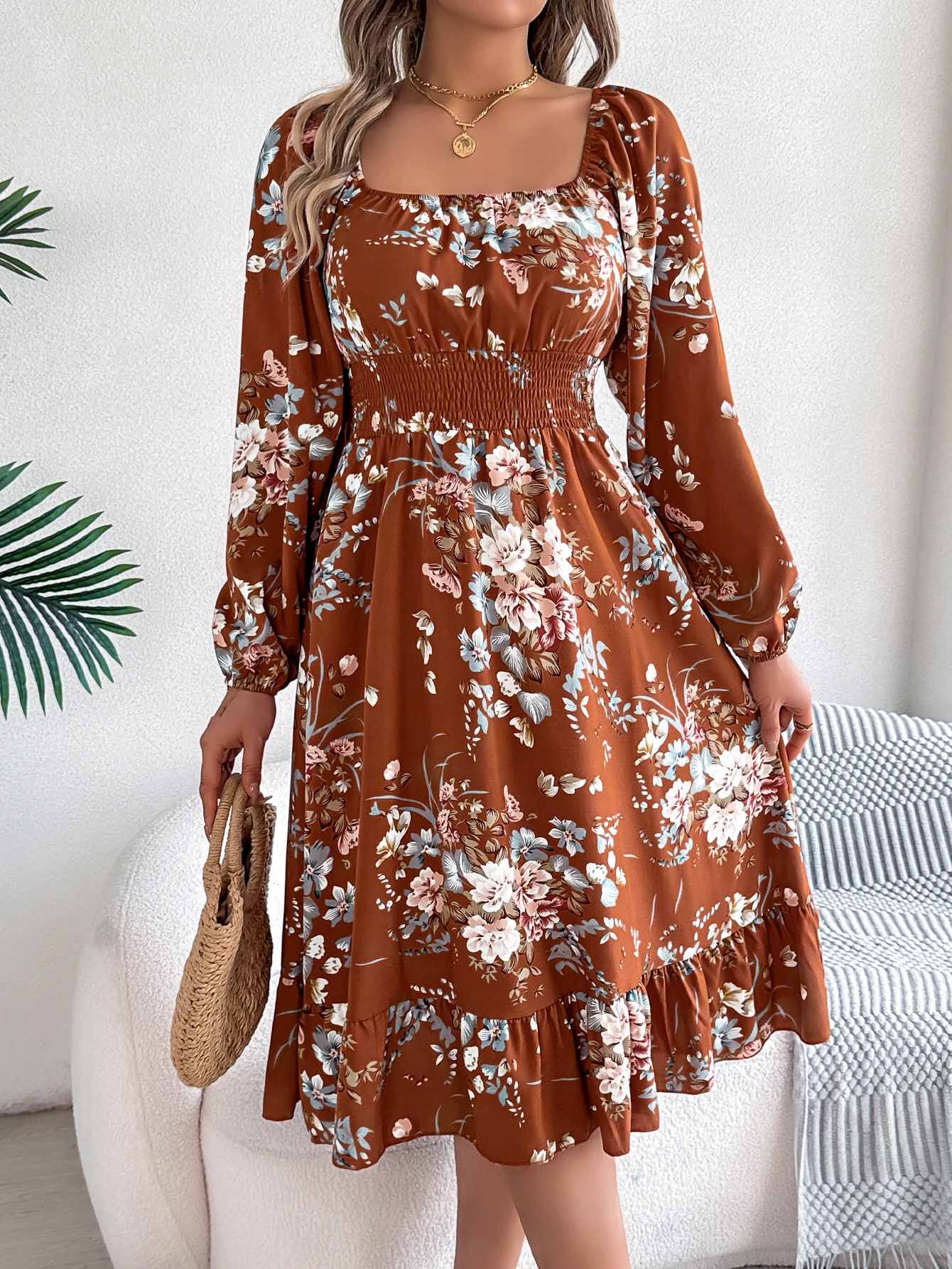 Floral Print Midi Dress Long Sleeve Square Neck with Cinched Waist & Ruffle Trim - A-Line Casual Vacation Dress for Spring Autum