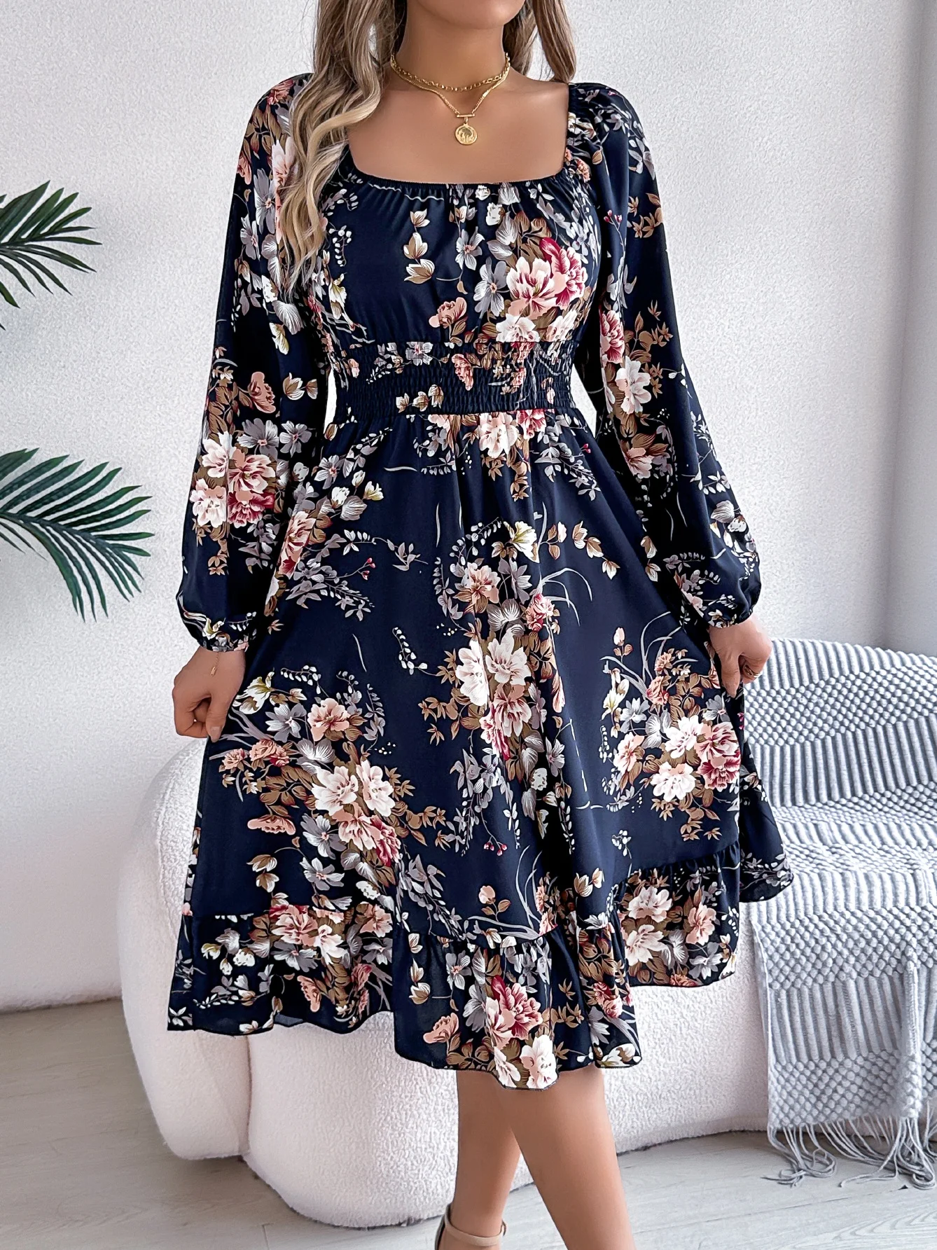 Floral Print Midi Dress Long Sleeve Square Neck with Cinched Waist & Ruffle Trim - A-Line Casual Vacation Dress for Spring Autum
