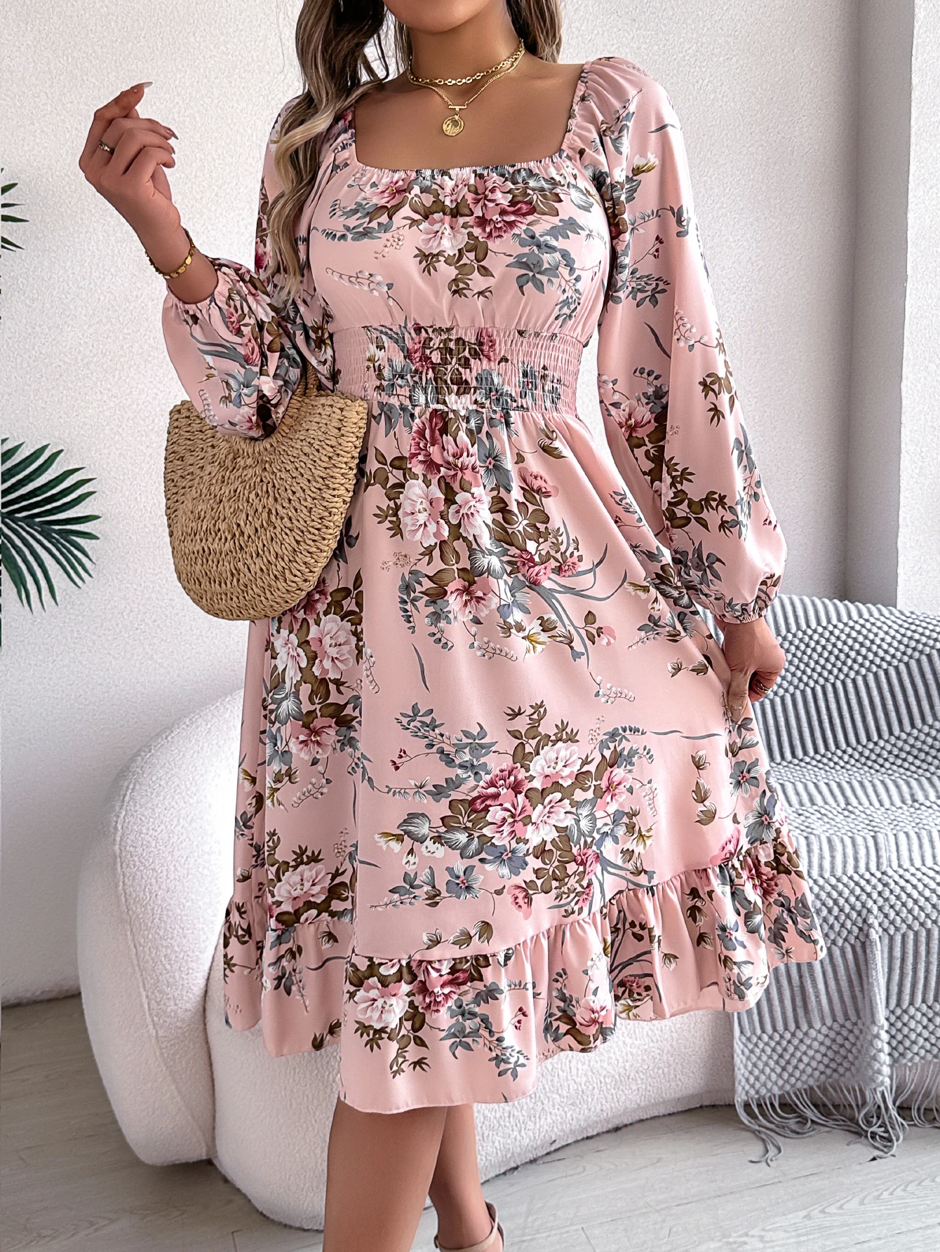 Floral Print Midi Dress Long Sleeve Square Neck with Cinched Waist & Ruffle Trim - A-Line Casual Vacation Dress for Spring Autum