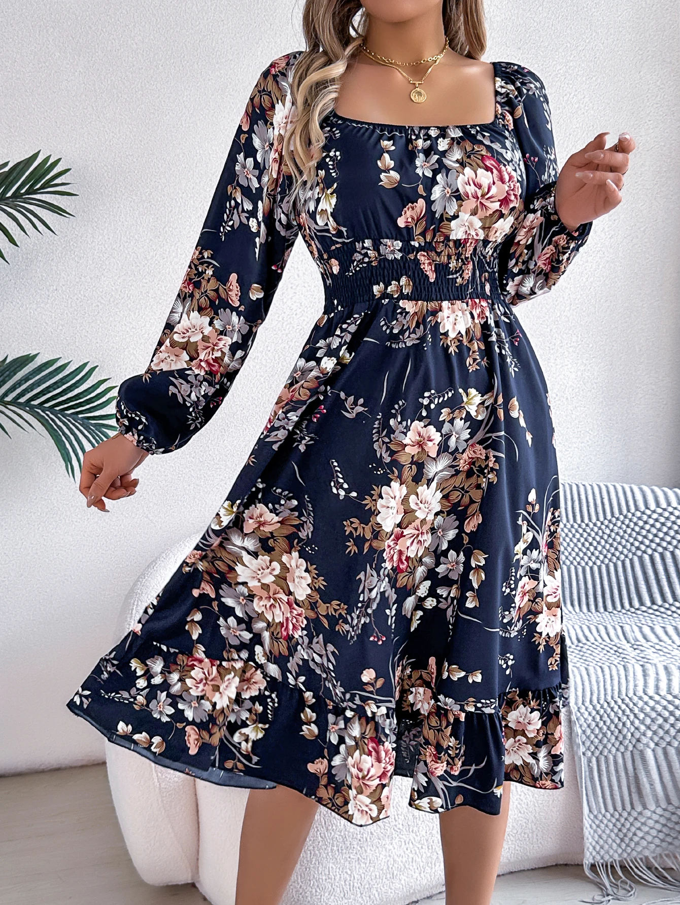 Floral Print Midi Dress Long Sleeve Square Neck with Cinched Waist & Ruffle Trim - A-Line Casual Vacation Dress for Spring Autum