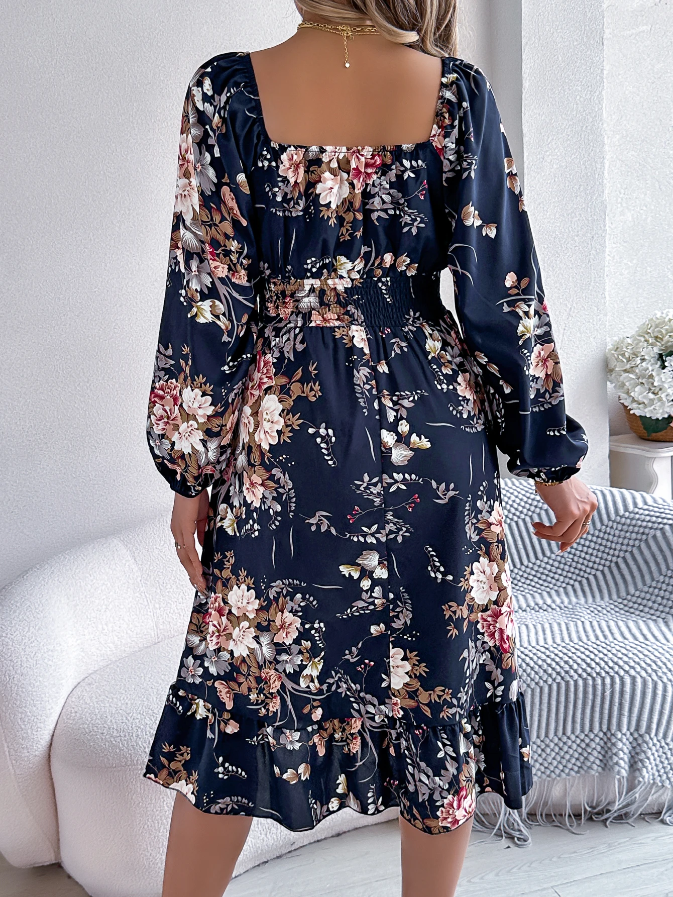 Floral Print Midi Dress Long Sleeve Square Neck with Cinched Waist & Ruffle Trim - A-Line Casual Vacation Dress for Spring Autum