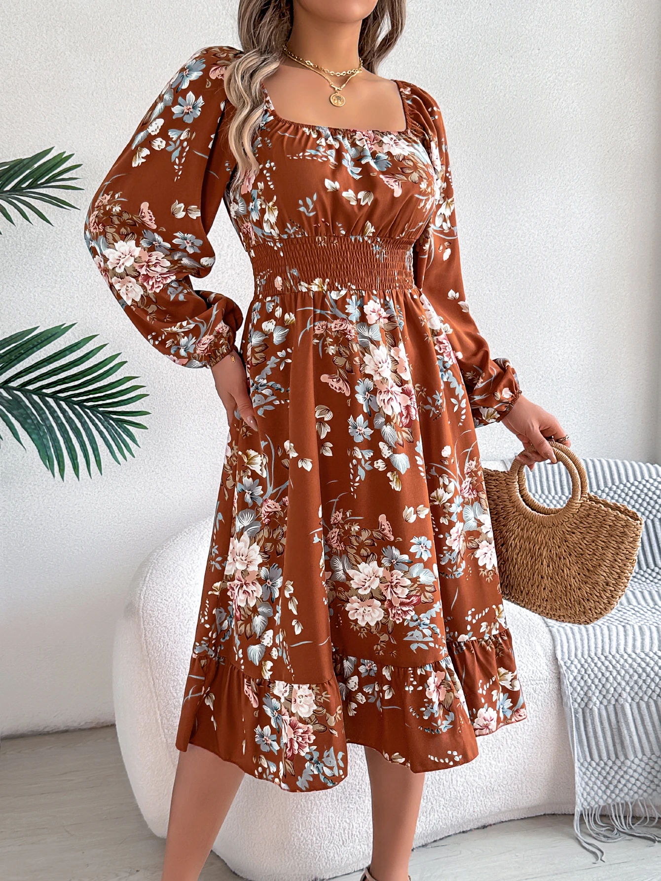 Floral Print Midi Dress Long Sleeve Square Neck with Cinched Waist & Ruffle Trim - A-Line Casual Vacation Dress for Spring Autum
