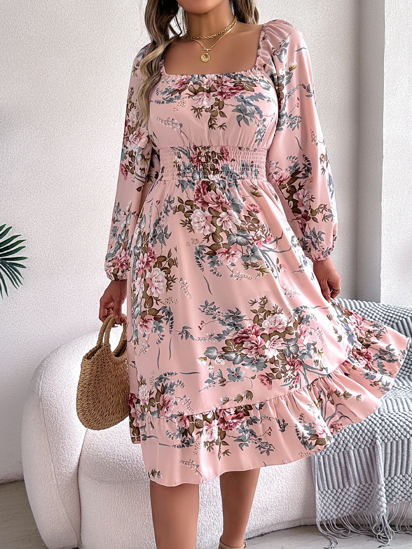 Floral Print Midi Dress Long Sleeve Square Neck with Cinched Waist & Ruffle Trim - A-Line Casual Vacation Dress for Spring Autum