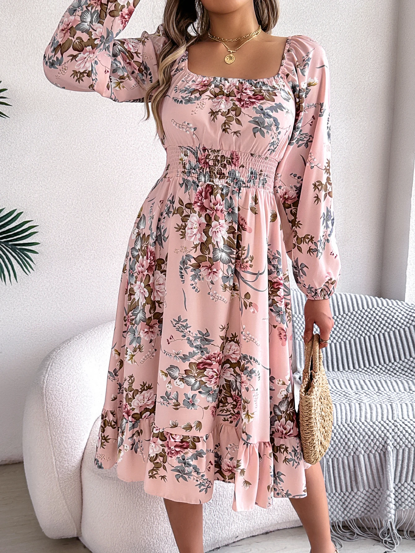Floral Print Midi Dress Long Sleeve Square Neck with Cinched Waist & Ruffle Trim - A-Line Casual Vacation Dress for Spring Autum