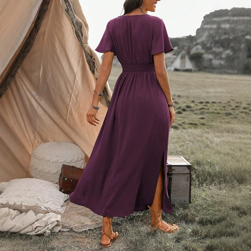 Boho Style V-Neck  Maxi Dress Side Slit Flowy Short Sleeve Dress for Summer Beach Vacation Casual Elegant Women's Dress
