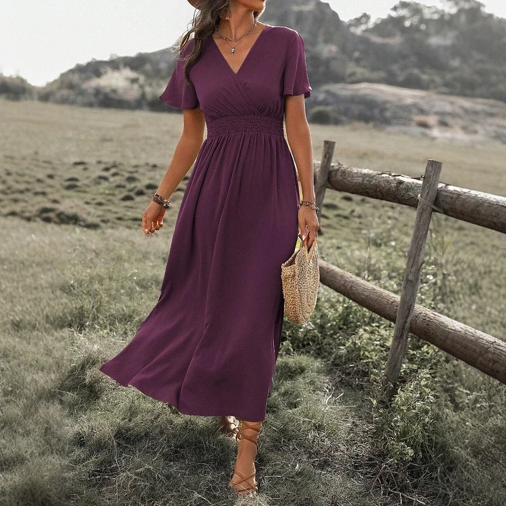 Boho Style V-Neck  Maxi Dress Side Slit Flowy Short Sleeve Dress for Summer Beach Vacation Casual Elegant Women's Dress