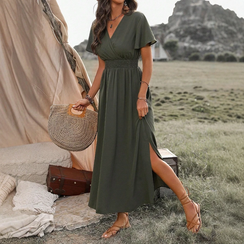 Boho Style V-Neck  Maxi Dress Side Slit Flowy Short Sleeve Dress for Summer Beach Vacation Casual Elegant Women's Dress
