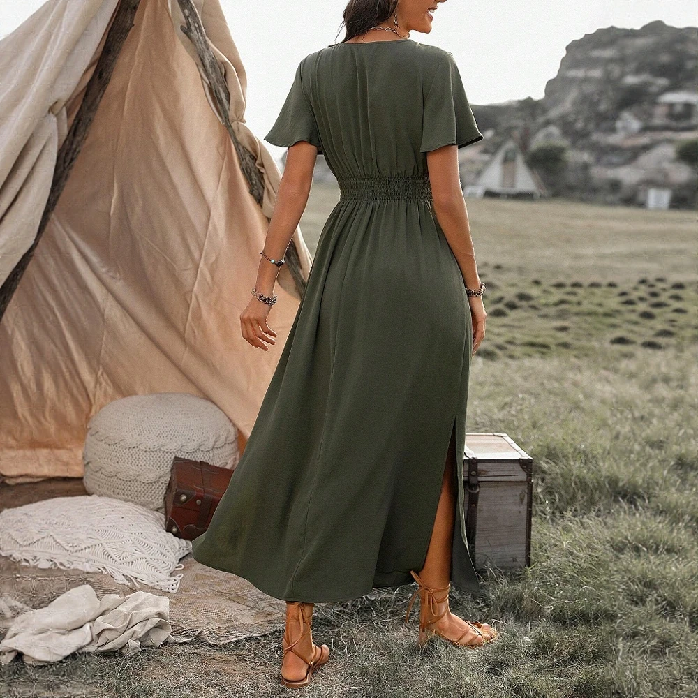 Boho Style V-Neck  Maxi Dress Side Slit Flowy Short Sleeve Dress for Summer Beach Vacation Casual Elegant Women's Dress