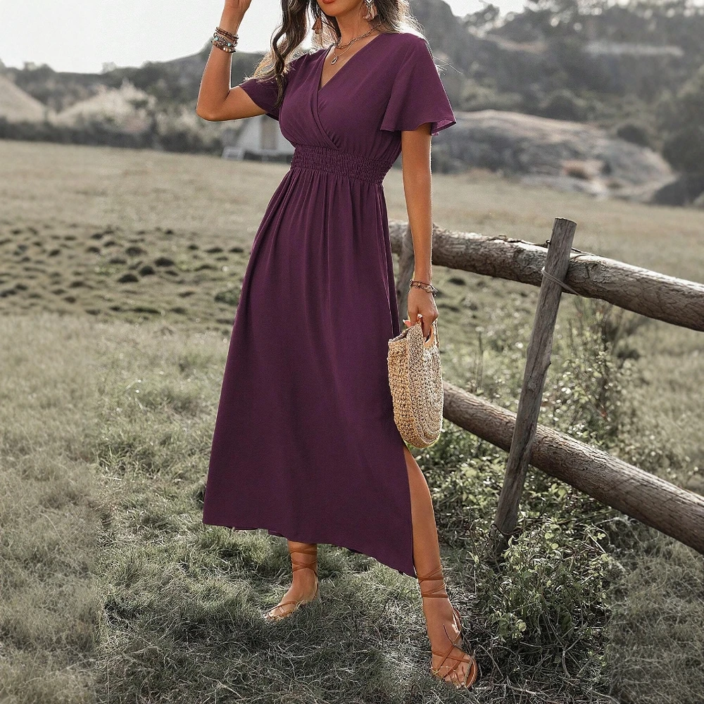 Boho Style V-Neck  Maxi Dress Side Slit Flowy Short Sleeve Dress for Summer Beach Vacation Casual Elegant Women's Dress