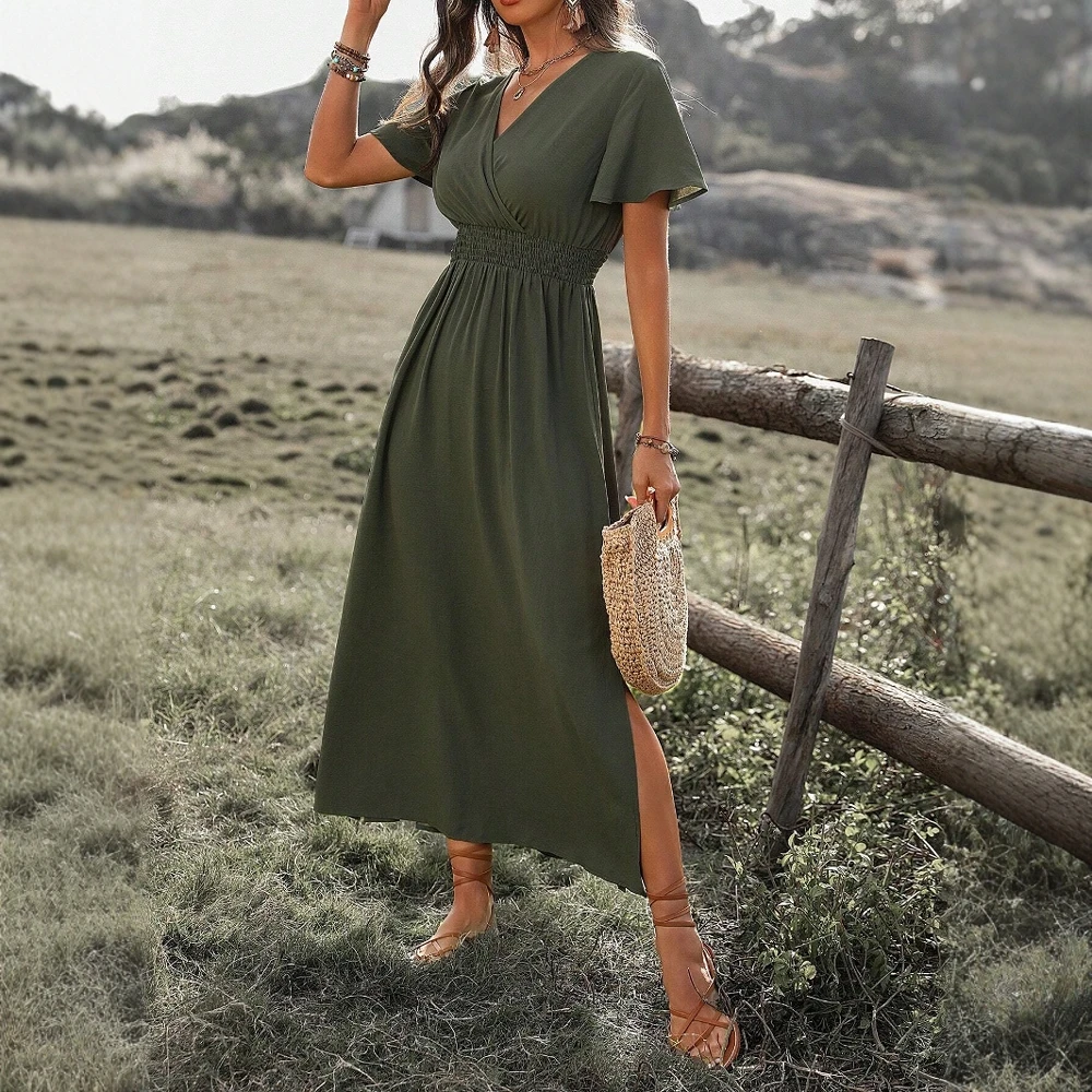 Boho Style V-Neck  Maxi Dress Side Slit Flowy Short Sleeve Dress for Summer Beach Vacation Casual Elegant Women's Dress