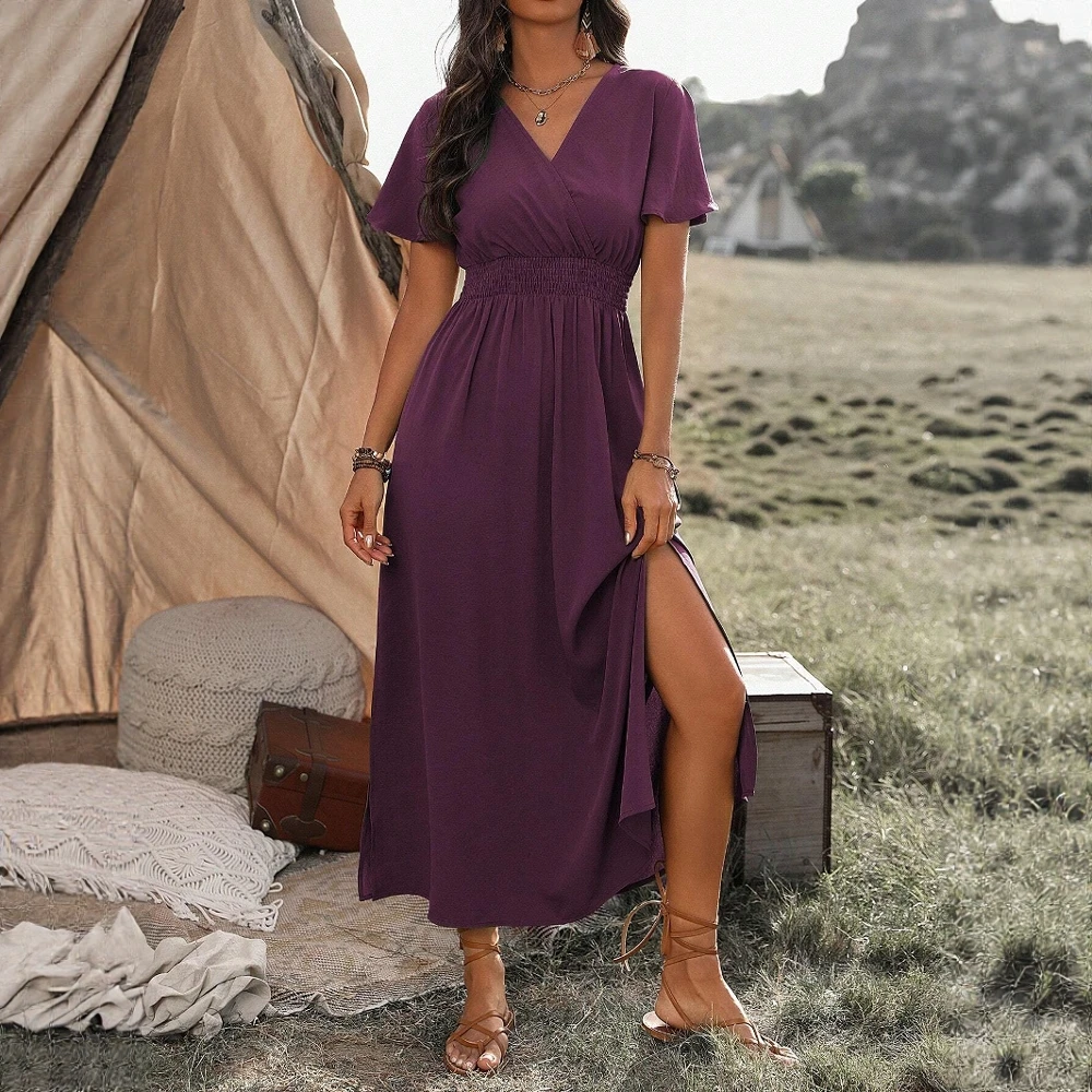 Boho Style V-Neck  Maxi Dress Side Slit Flowy Short Sleeve Dress for Summer Beach Vacation Casual Elegant Women's Dress