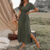 Boho Style V-Neck  Maxi Dress Side Slit Flowy Short Sleeve Dress for Summer Beach Vacation Casual Elegant Women's Dress