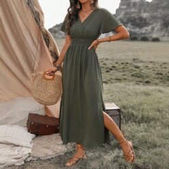 Boho Style V-Neck Maxi Dress Side Slit Flowy Short Sleeve Dress