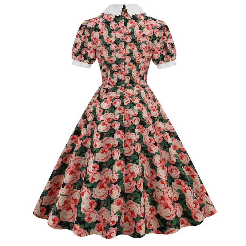Summer Dress Women Floral Printed Puff Short Sleeve Elegant Peter pan Collar Casual Vintage Retro 50s Midi Party Dress