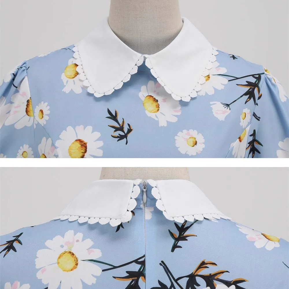 Summer Dress Women Floral Printed Puff Short Sleeve Elegant Peter pan Collar Casual Vintage Retro 50s Midi Party Dress
