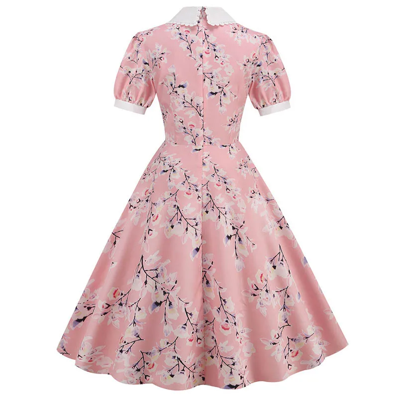 Summer Dress Women Floral Printed Puff Short Sleeve Elegant Peter pan Collar Casual Vintage Retro 50s Midi Party Dress