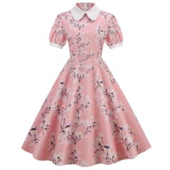 Summer Dress Women Floral Printed Puff Short Sleeve Peter Pan Collar