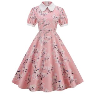 Summer Dress Women Floral Printed Puff Short Sleeve Elegant Peter pan Collar Casual Vintage Retro 50s Midi Party Dress