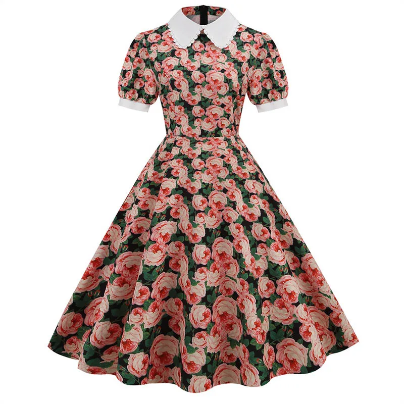 Summer Dress Women Floral Printed Puff Short Sleeve Elegant Peter pan Collar Casual Vintage Retro 50s Midi Party Dress