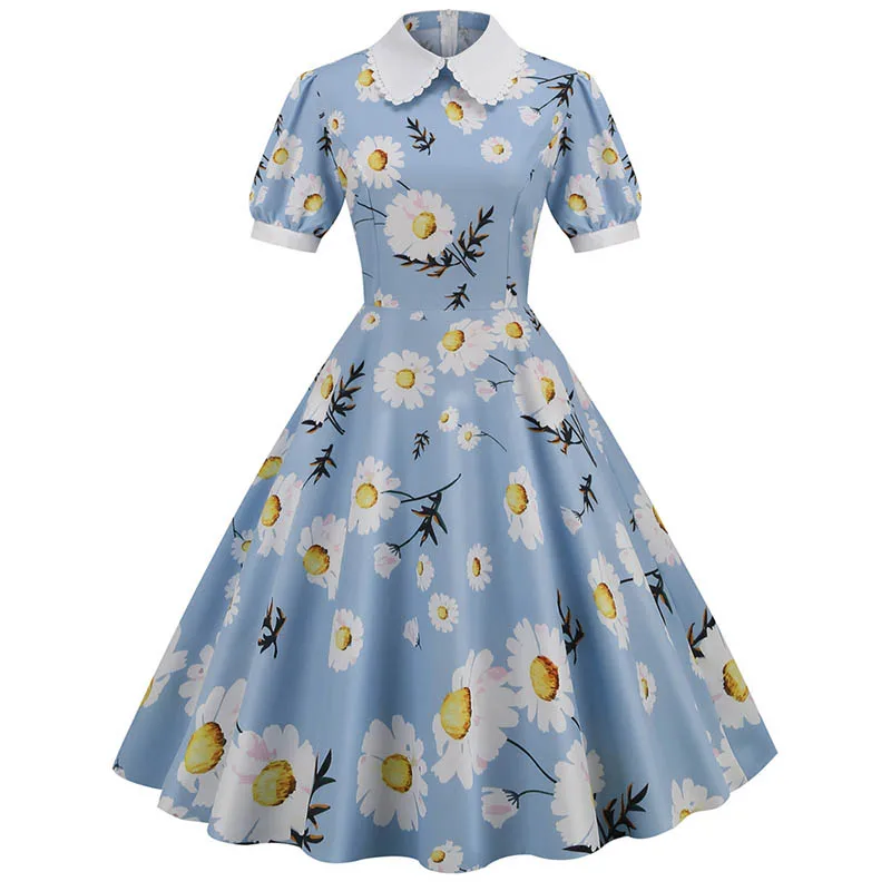 Summer Dress Women Floral Printed Puff Short Sleeve Elegant Peter pan Collar Casual Vintage Retro 50s Midi Party Dress