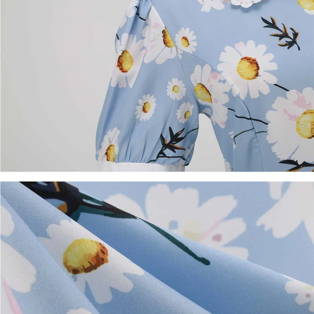 Summer Dress Women Floral Printed Puff Short Sleeve Elegant Peter pan Collar Casual Vintage Retro 50s Midi Party Dress