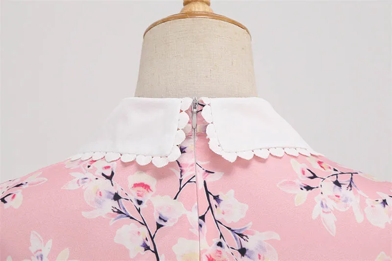Summer Dress Women Floral Printed Puff Short Sleeve Elegant Peter pan Collar Casual Vintage Retro 50s Midi Party Dress