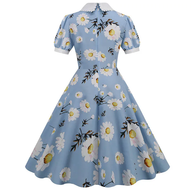 Summer Dress Women Floral Printed Puff Short Sleeve Elegant Peter pan Collar Casual Vintage Retro 50s Midi Party Dress