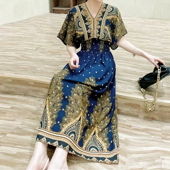 Bohemian Dress New Midi Dress Striped Colorful Flower V-Neck Party Dress Elastic Waist Large Swing Skirt Youthful Woman Clothes