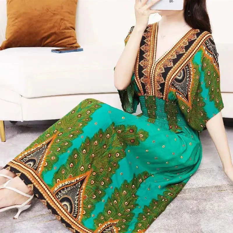 Bohemian Dress New Midi Dress Striped Colorful Flower V-Neck Party Dress Elastic Waist Large Swing Skirt Youthful Woman Clothes