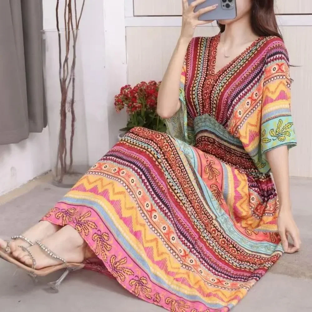 Bohemian Dress New Midi Dress Striped Colorful Flower V-Neck Party Dress Elastic Waist Large Swing Skirt Youthful Woman Clothes