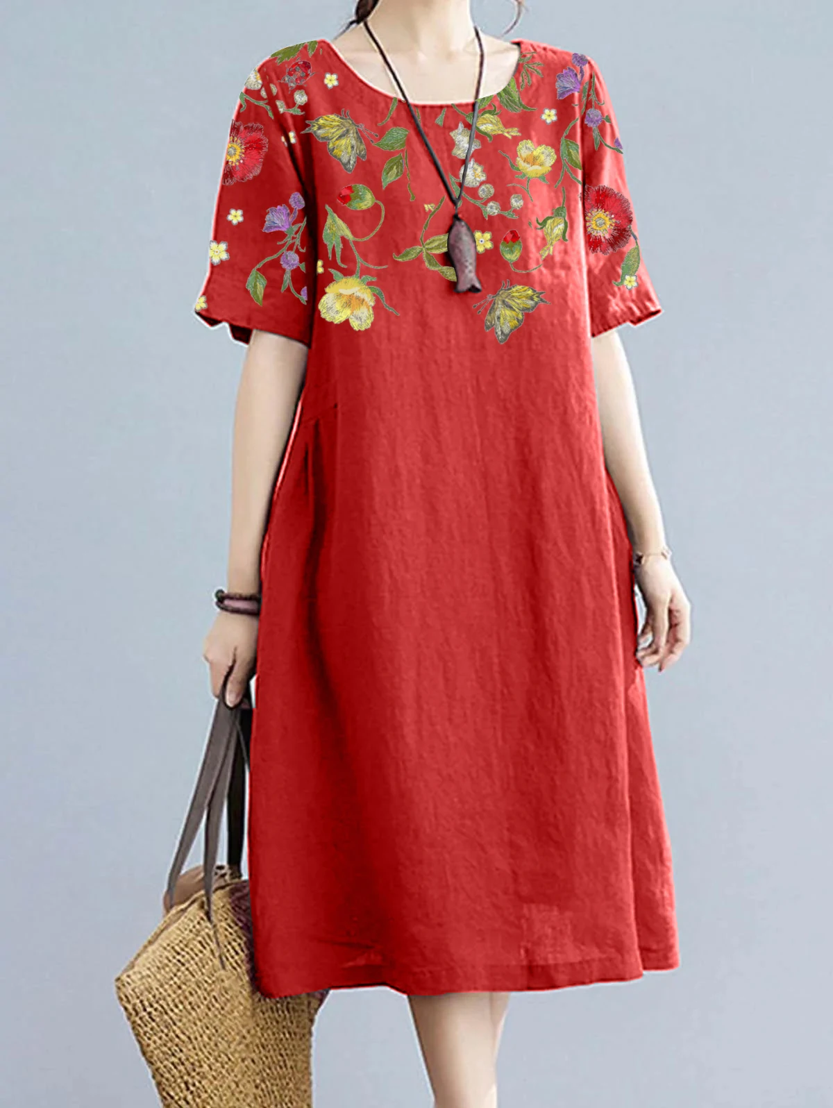 Women's Vintage Dress Short Sleeve Round Neck Floral Printed Casual A-Line Loose Summer Midi Dress